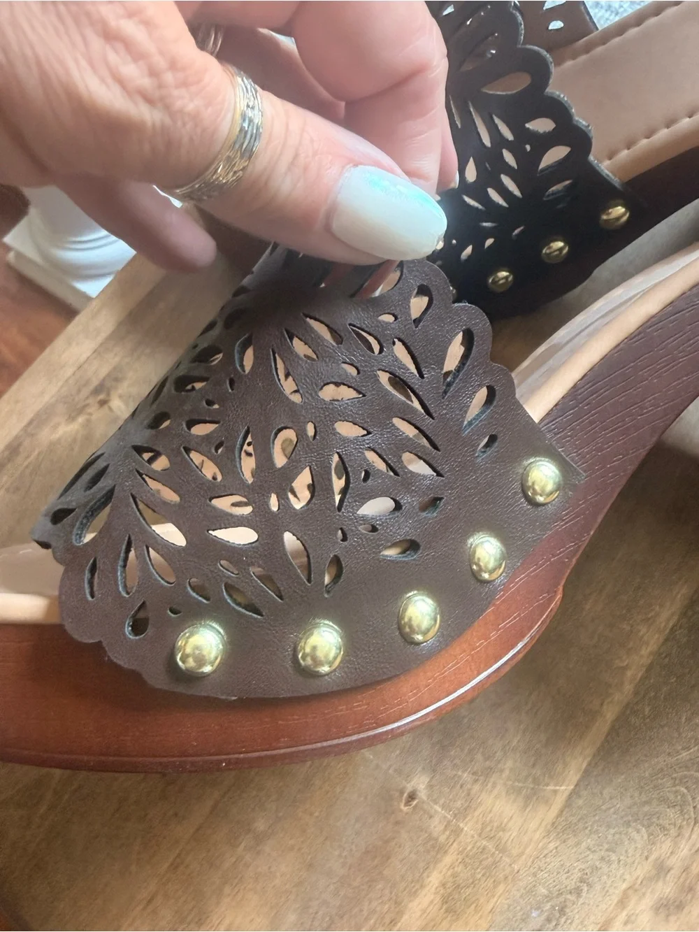 Madden Girl Brown Laser-Cut Platform Slide Sandals
